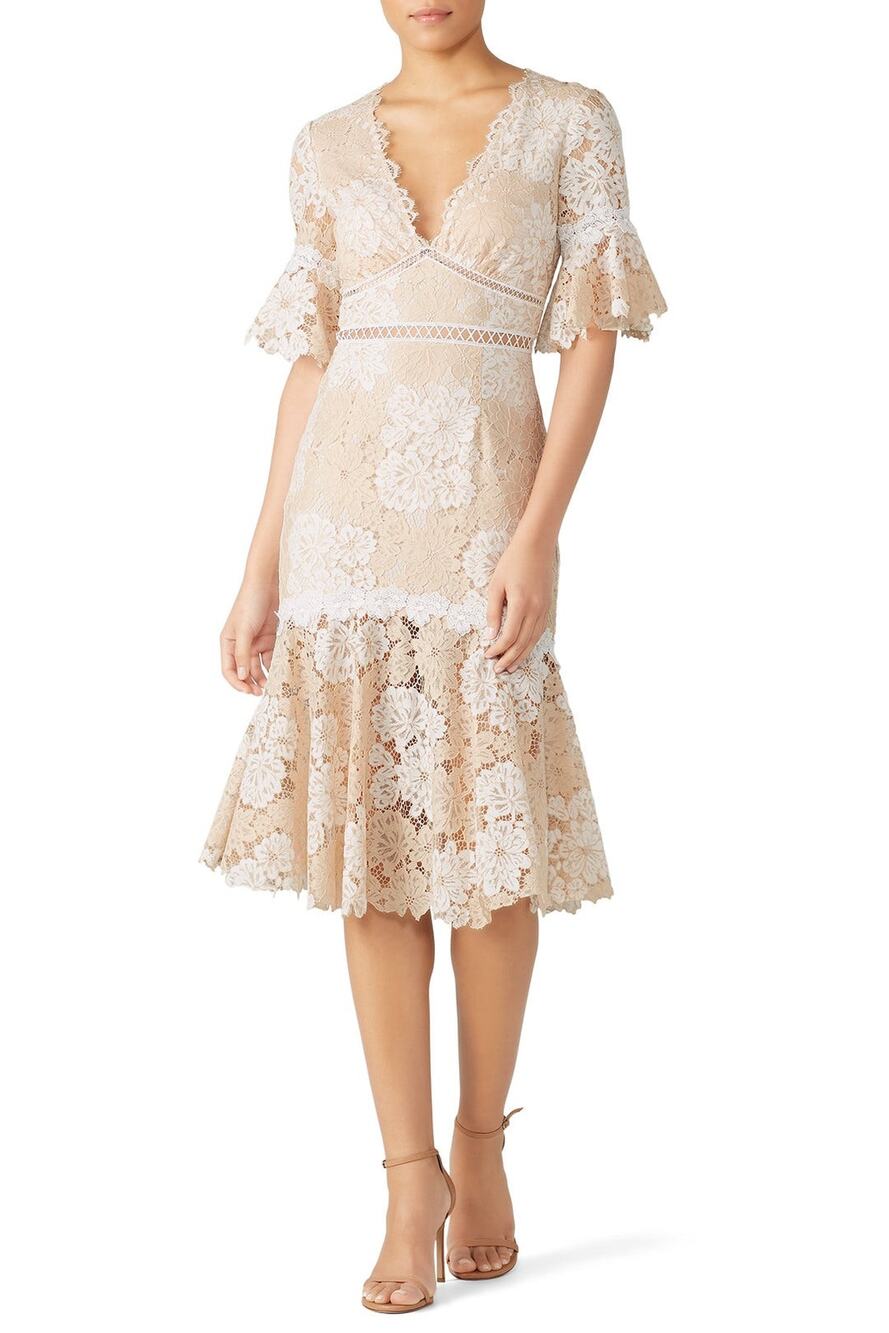 Saylor Cream Ruffled Floral Lace Short Sleeve Maggy Dress Women's Size Small